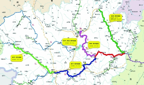 广西西江黄金水道建设五条通道示意图